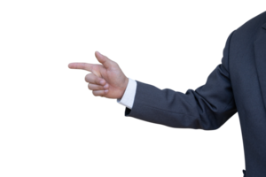 Hand of man in suit pointing with finger isolated on transparent background. PNG File