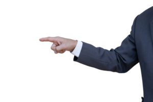 Hand of man in suit pointing with finger isolated on transparent background. PNG File