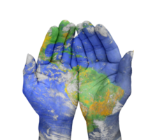 Map of blue planet Earth paint  in hands isolated on transparent background. png