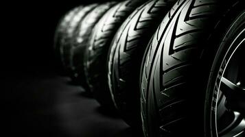 Car tires arranged in rows in front of black background. Generative AI photo