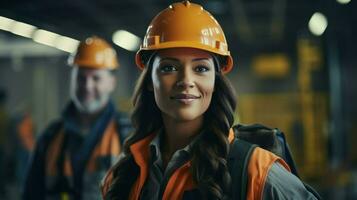 Young female engineer in protective helmet and clothes at work site. Generative AI photo