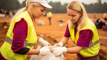 Two girls working together to pick up trash, showcasing teamwork.. Generative AI photo