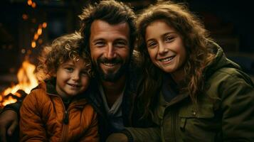 un familia posando en frente de un hoguera en naturaleza. generativo ai foto