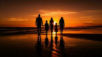 un silueta de un familia en pie en un playa durante atardecer.. generativo ai foto