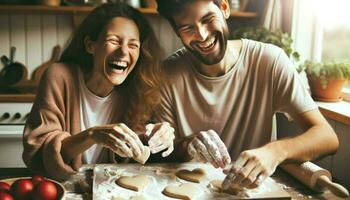 un Pareja riendo y haciendo en forma de corazon galletas en un acogedor cocina.. generativo ai foto