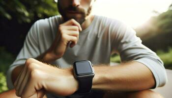 un persona que practica jogging mirando a un blanco pantalla reloj inteligente en su muñeca, tomando un descanso desde un correr.. generativo ai foto