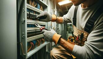 un electricista, con la seguridad guantes y herramientas, trabajando en un abierto eléctrico panel.. generativo ai foto