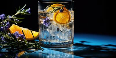 hielo cubitos con limón y Romero en un vaso en azul antecedentes. ai generado foto