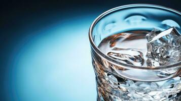 Glass of water with ice cubes on blue background, close-up. ai generated photo