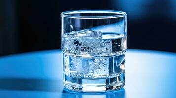 vaso de agua con hielo cubitos y agua chapoteo en azul antecedentes. ai generado foto