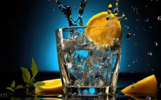 hielo cubitos con limón y Romero en un vaso en azul antecedentes. ai generado foto
