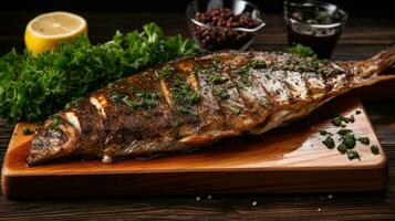 Grilled fish with lemon, rosemary and spices on wooden board. ai generated photo