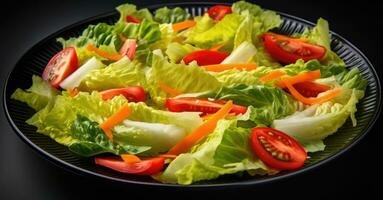 Ai generated Fresh salad with tomatoes on plate on wooden table in kitchen, closeup photo