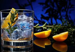 Ice cubes with lemon and rosemary in a glass on blue background. ai generated photo