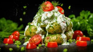 Boiled potatoes with sour cream and herbs on a black background. ai generated photo