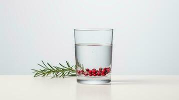 vaso de agua con arándanos y Romero en un azul antecedentes. ai generado foto