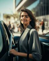 mujer posando en frente de su eléctrico vehículo. generativo ai foto