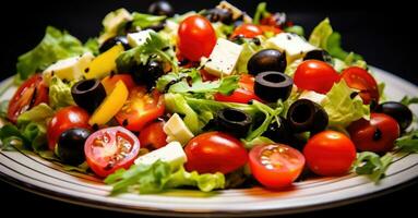 ai generado Fresco vegetal ensalada con tomate, cebolla y perejil en un cuenco foto