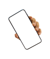 smartphone attrapp på transparent bakgrund, png fil formatera. hand innehav mobil telefon med transparent skärm. för reklam uppkopplad.