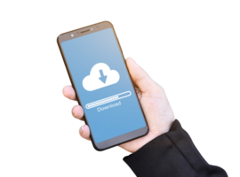 Businessman hand using mobile phone with cloud download form stored data isolated on transparent background, PNG Format.