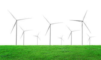 Wind turbines field with green grass isolated on transparent background. Windmill, eco power. Green energy technology concept png