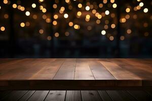 Wood table top on blurred of view of town with light bulb.Background for montage product display or design key visual layout AI Generative photo