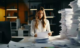 Young female employee working on stacks of papers to search for information and check documents on the desk AI Generated photo