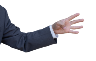 Hand of businessman in suit gestures isolated on transparent background. PNG File