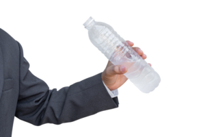 Businessman hand holding water bottle isolated on transparent background - PNG format
