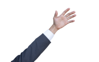 Hand of businessman in suit gestures isolated on transparent background. PNG File