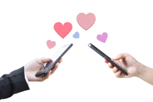 Couple hands holding mobile phone with hearts, Love symbol on transparent background. png