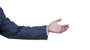 Hand of businessman in suit gestures isolated on transparent background. PNG File