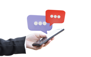 Hand using mobile phone with speech bubble isolated on transparent background. png