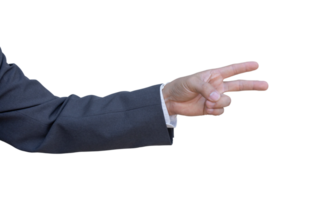Hand of businessman in suit gestures isolated on transparent background. PNG File