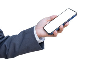 Businessman hand holding smartphone with blank transparent screen and background- PNG format.