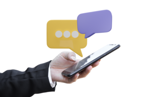 Hand using mobile phone with speech bubble isolated on transparent background. png