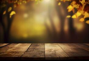 Beautiful autumn nature background with orange gold maple leaves on background of sunlight with soft blurred bokeh and empty wooden table planks AI Generative photo