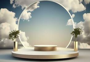 Natural beauty podium backdrop for product display with dreamy sky background. Close up of round empty oak table with sunlight with tropical leaves plants. Organic beauty, Mock up AI Generative photo