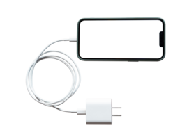 Mobile smartphone white screen or blank screen charging battery isolated on transparent background, PNG Format.