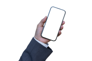 Businessman hand holding smartphone with blank transparent screen and background- PNG format.