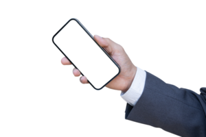 Businessman hand holding smartphone with blank transparent screen and background- PNG format.