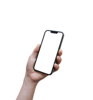 Hands holding smartphone isolated on transparent background - PNG format.