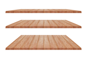 Set of brown wood shelves isolated on transparent background. png