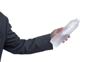 Businessman hand holding water bottle isolated on transparent background - PNG format