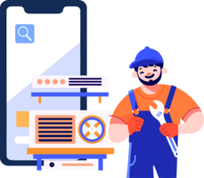 Hand Drawn Engineer or repairman character with smartphone in online repair concept in flat style png