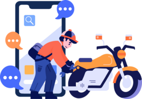 Hand Drawn Motorcycle mechanic character with smartphone In the concept of online repair technician in flat style png