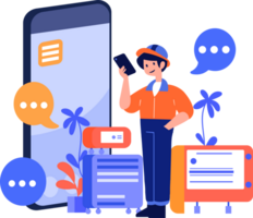 Hand Drawn Engineer or repairman character with smartphone in online repair concept in flat style png