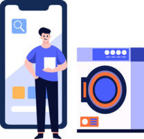 Hand Drawn Engineer or repairman character with smartphone in online repair concept in flat style png