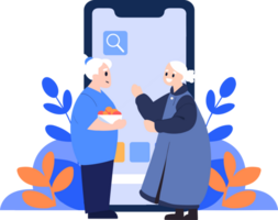 Hand Drawn Elderly characters talk through smartphones in flat style png