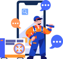 Hand Drawn Engineer or repairman character with smartphone in online repair concept in flat style png